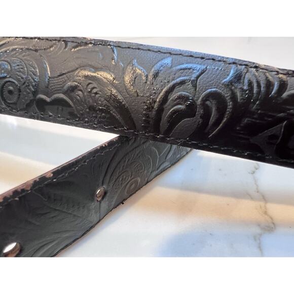 Vintage Omega Western Leather Belt Black Embossed Silver Buckle USA Large